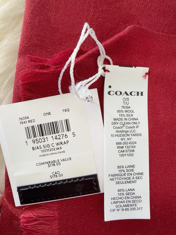 全新带标签蔻驰围巾裹巾 76394 女式签名 C 标志羊毛/丝绸 1941 红色 $178 — 第 4/4 张图片