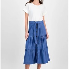 Tahari Mixed Media Tiered Buttoned Tie Waist A Line Dress Womens Size XL NWT