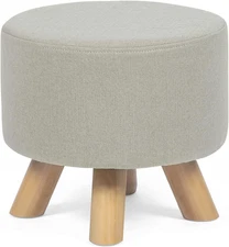 Padded Round Ottoman Foot Rest Stool in Soft Linen Fabric - Small Seat