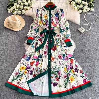 Elegant Floral Maxi Dress Women Long Sleeve Button Down Shirt Dress Belted Party