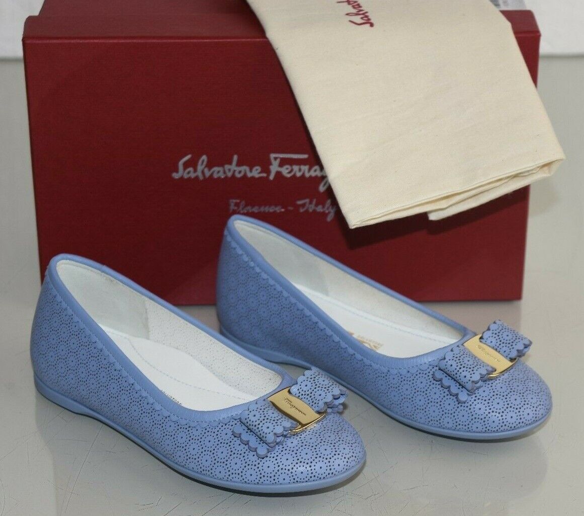 NEW SALVATORE FERRAGAMO Mini Varina Flats Perforated Bow Girls Kids Blue 27