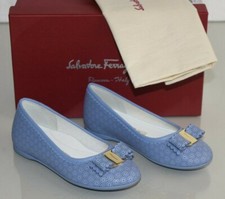$425 NEW SALVATORE FERRAGAMO Mini Varina Flats Perforated Bow Girls Kids Blue 27