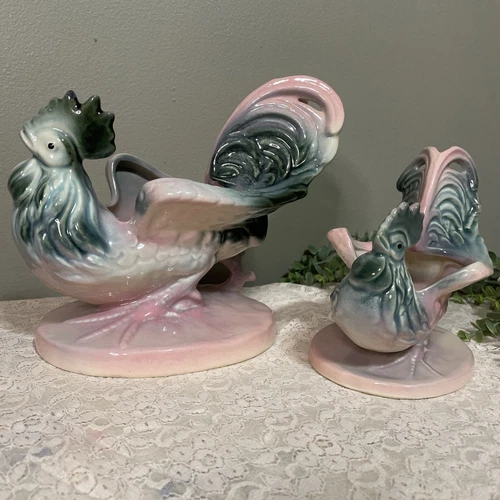 Vintage HULL USA Pottery ROOSTER Planter #54 & 53 PINK & BLACK Farmhouse Chicken