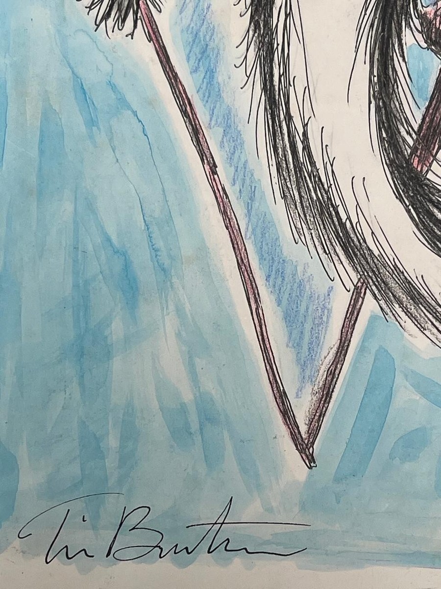 Tim Burton (Handmade) Drawing On old Paper Signed & Stamped Mixed