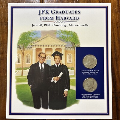 1985 P&D Half Dollars on Info Card with Stamp - Kennedy Graduates from Harvard