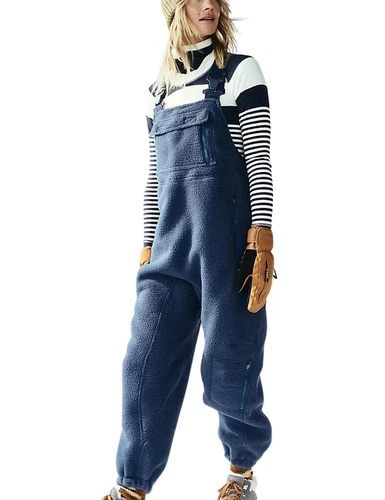 Women Fuzzy Fleece Overall Jumpsuits Casual Loose Fit Winter Sherpa Bib Overalls - Picture 4 of 24