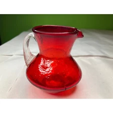Vintage Ruby Red Crackle Glass Pitcher Vase with Gorgeous Clear ribbed handle an