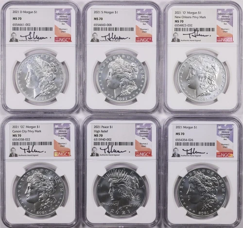 2021 Morgan & Peace Silver Dollar 6 Coin Set NGC MS 70 (Thomas Uram Signed)
