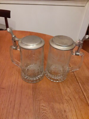 Lot Of 2  Vtg Etched Glass Domex& CUI Beer Stein W Pewter LID