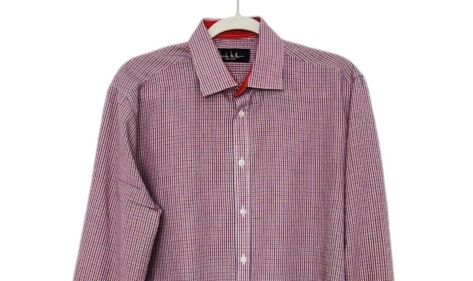 Camisa de vestir Nicole Miller ajustada a cuadros talla mediana roja multicolor. Foto 3 de 4