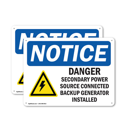 (2 Pack) Danger Secondary Power Source OSHA Notice Sign Decal Metal Plastic