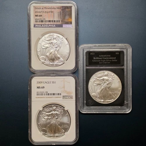 3x ASE Lot | 2009 • 2016 • 2023 | American Silver Eagle NCG MS69 1 Ounce Bullion