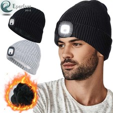 Adults Kids LED Beanie Hat USB Rechargeable Knit Winter Warm Fleece Headlamp Cap