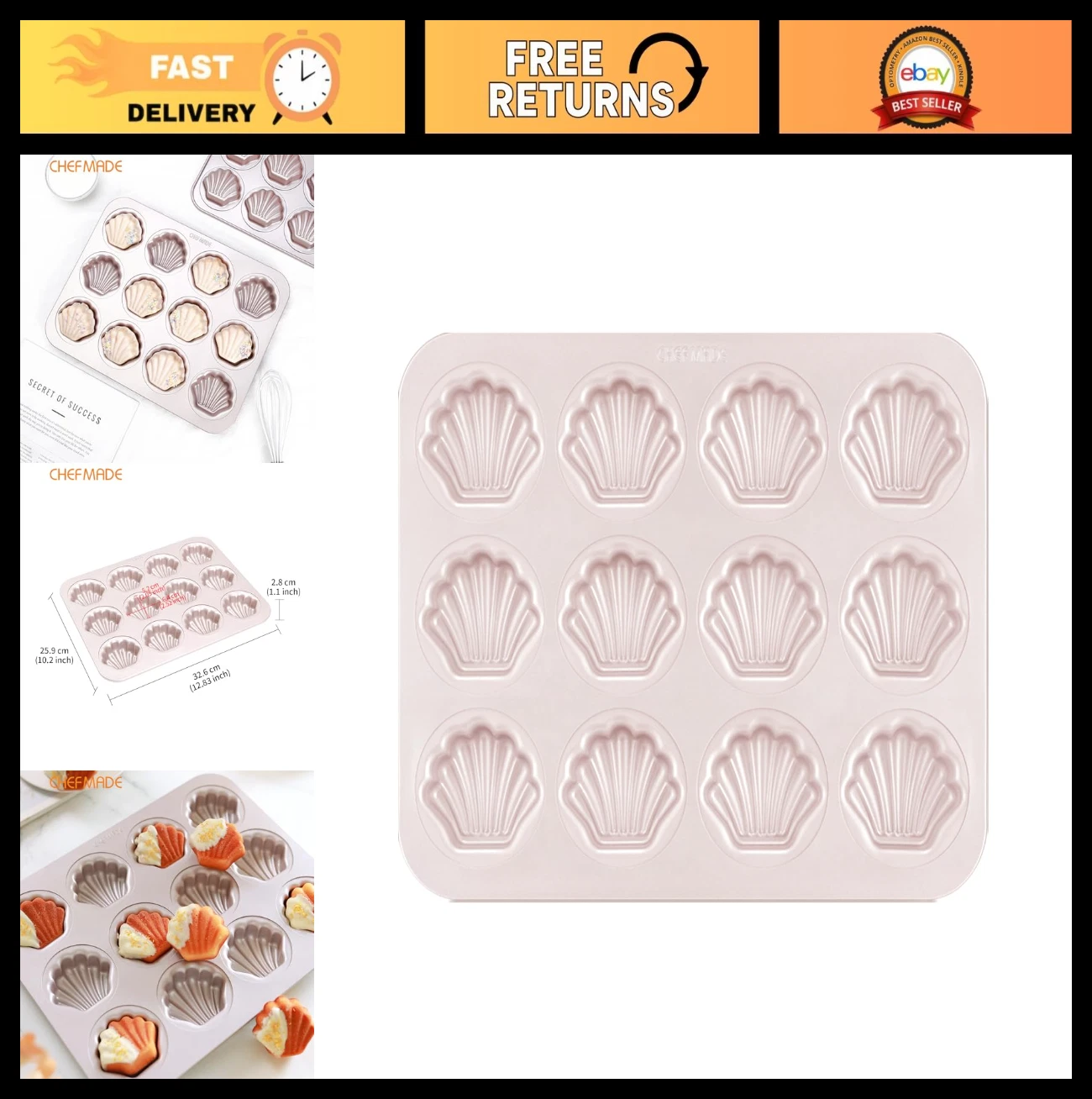 Non-Stick Madeleine Cake Pan, 12-Cavity Scallop Mold Bakeware for Oven Baking