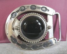 Vintage Silver Metal  Black Onyx Cabochon Western Horseshoe Belt Buckle 3.25"