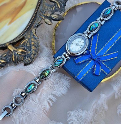 Women s Silver Watch with Blue Abalone Shell | White Dial | Waterproof 30m | 