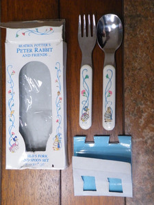 USED Vtg BEATRIX POTTER Peter Rabbit Jemima Puddle Duck S.S. SPOON FORK FREESHIP