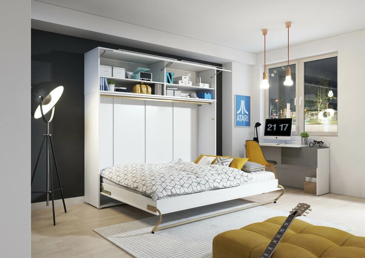 Horizontal Hidden Fold Away Pull Out Murphy Wall Bed Storage 140cm White Matt