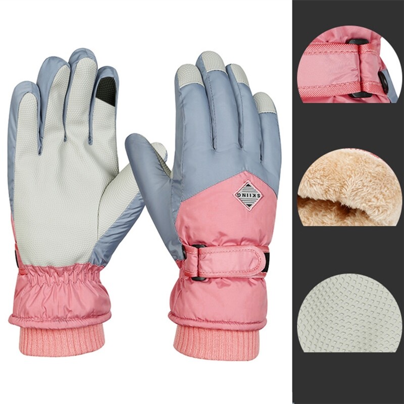 Women Full Finger Ski Gloves Elastic Slip Gloves Fleece Lining Warm