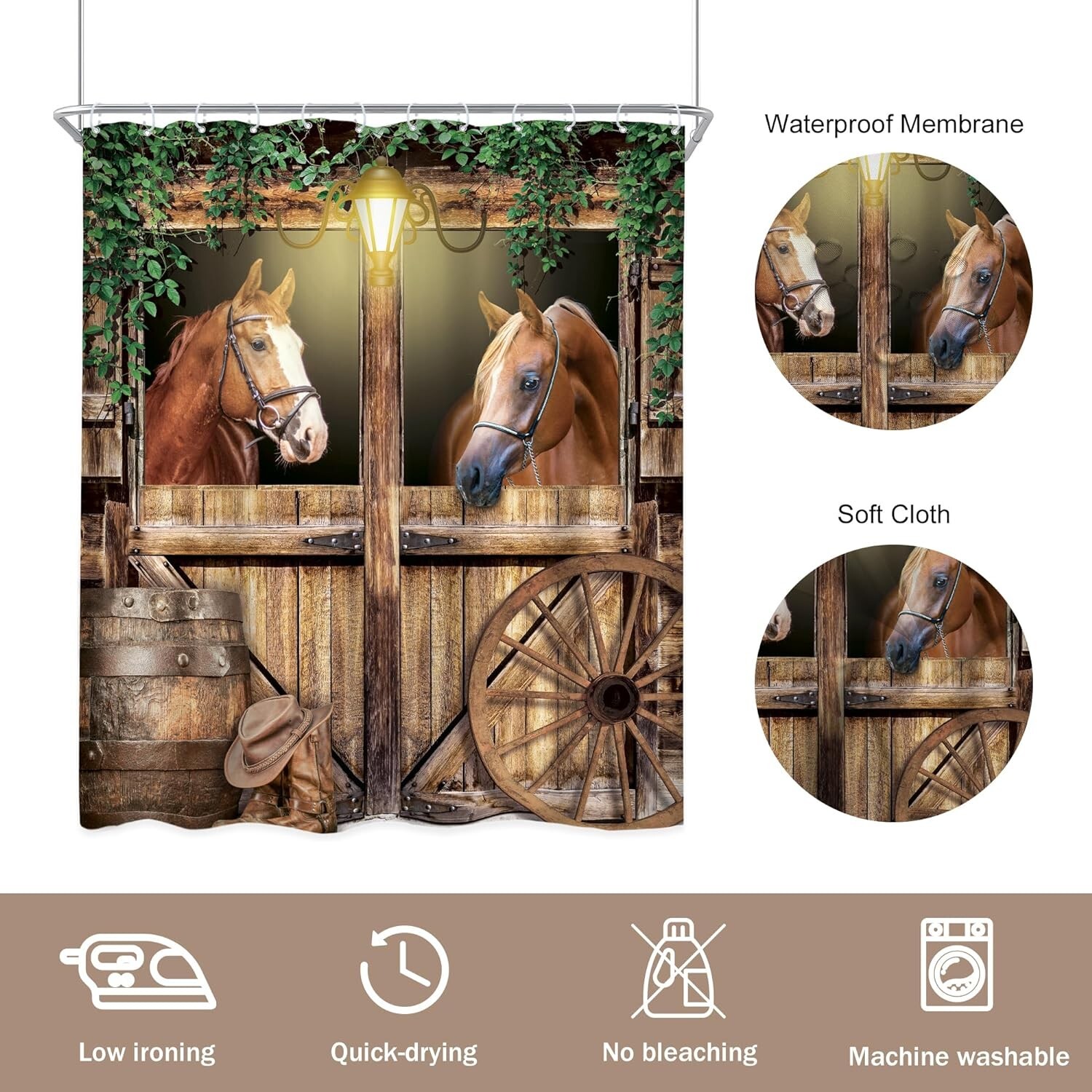 Riyidecor Rustic Barn Door Shower Curtain – 60W X 72H Inches, Farmhouse Cowboy Western Theme