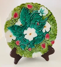 PV France Barbotine Majolica 9” Strawberry Fruit Dessert Plate Dish Antique HTF