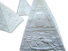 "White Basalt Stone Giza Pyramids – Egyptian Art with Hieroglyphic Symbols"