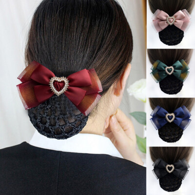 Women Flower Satin Hair Clip Cover Net Tulle Curling Bowknot Bun