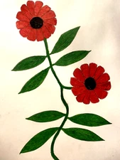 White Red Flowers Botanic Landscape Design Southern Countryside Drawing Artwork