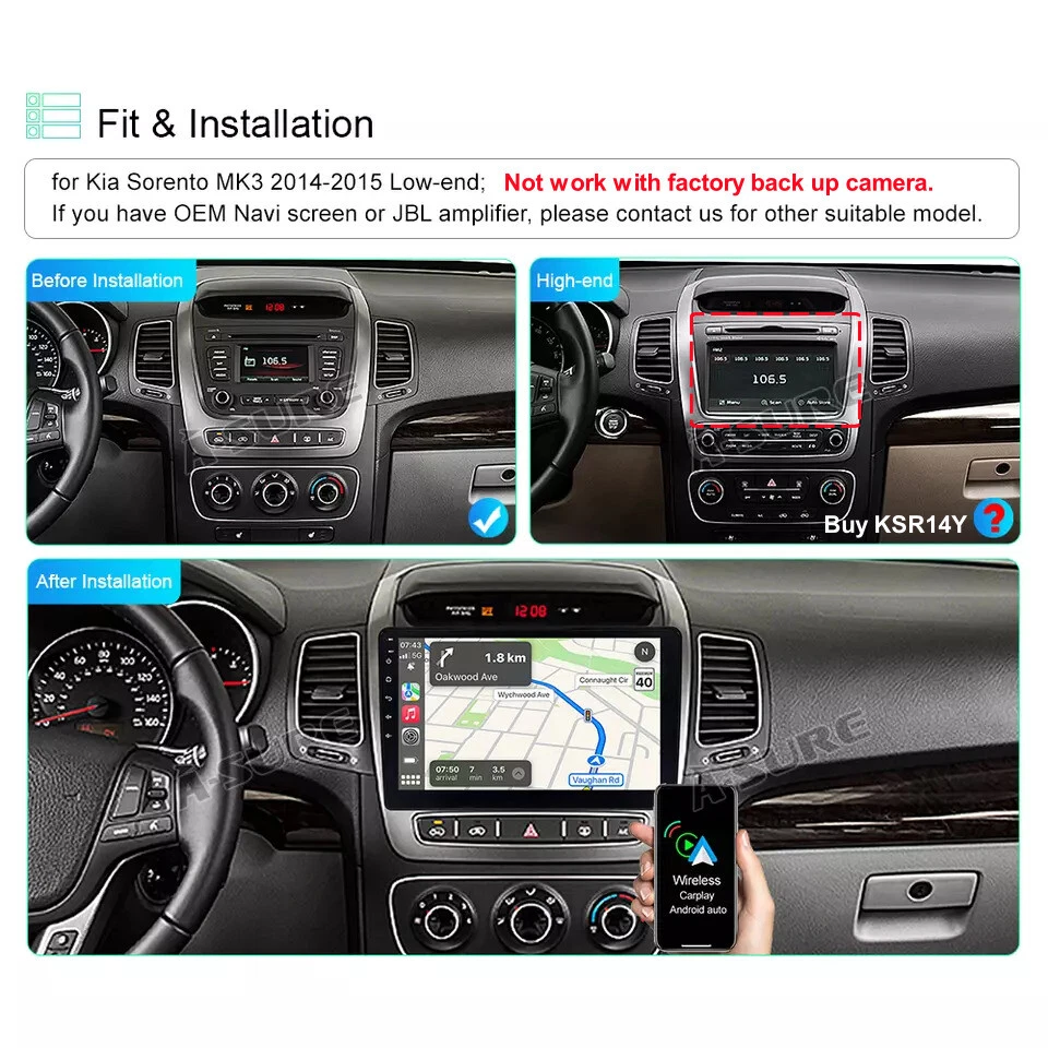 Radio estéreo para coche Apple Carplay GPS+ navegación para Kia Sorento 2014-2015 Android 14 9" Foto 3 de 4