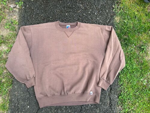 VTG 90s RUSSELL ATHLETIC Mocha Brown FADED distressed Crewneck Sweatshirt L - Picture 1 of 10