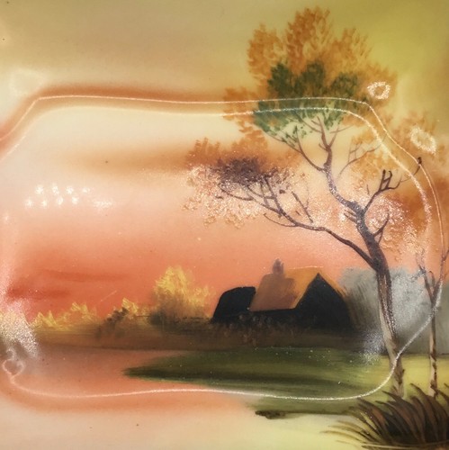 Plato Noritake M pintado a mano Sm festoneado borde dorado puesta de sol casa árbol lago Japón - Imagen 4 de 14