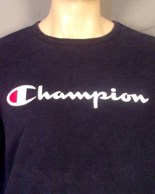 vtg 90s 00s Champion Spell Out Logo Navy Blue LS Shirt Sweatshirt