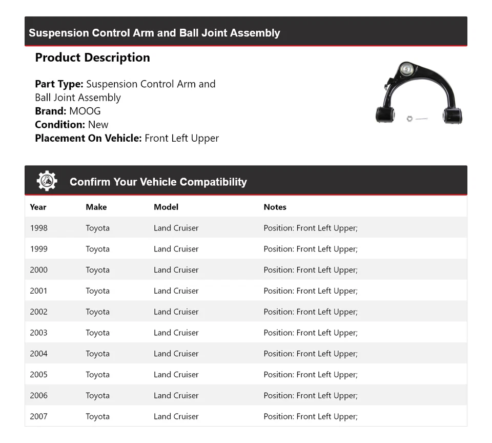 Рычаг управления передний левый верхний для Toyota Land Cruiser 1998-2007 годов выпуска MOOG 1998 1999 годов выпуска - Изображение 2 из 4