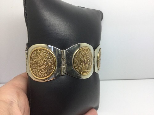 STERLING SILVER & GOLD PLATED 6 MEDALLIONS AZTECAN HINGED BRACELET - Picture 4 of 8