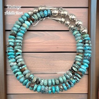 Hubei Turquoise Navajo Bench Bead Necklace Sterling Cone Tips Southwest Pawn...