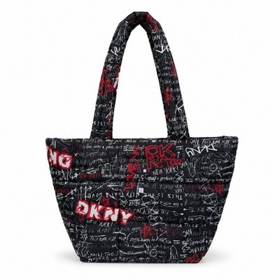 DKNY Graffiti Print Puffer Tote Bag Black Red White Quilted Nylon NWOT