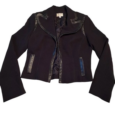 Alberto Makali Black Blazer Jacket Leather Trim Zip Pockets Womens Size 10 USA