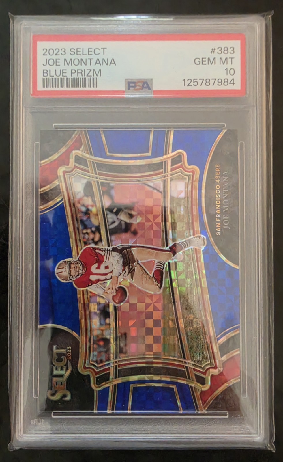 PSA 10 2023 Panini Select Field Level Joe Montana Blue Prizm #383 /49 view 1