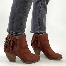 Not Rated Burgundy Faux Suede Fringe Ankle Boots Heels Sz 8.5