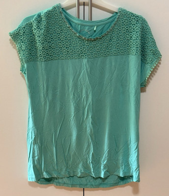 Canda Damen T-Shirt L Türkis Rundhals Kurzarm Spitze Perlen Stretch Basic
