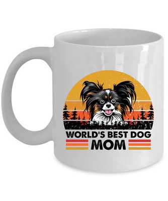 Funny Papillion Lover Worlds Best Dog Mom Coffee Mug Retro Paw Sunset Cup Gift