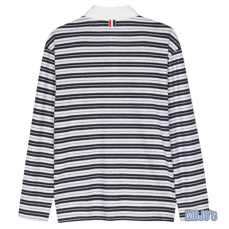 Camisa polo Thom Browne LS para hombre talla 2 - blanco roto con rayas azul marino - mezcla de lino Foto 3 de 4