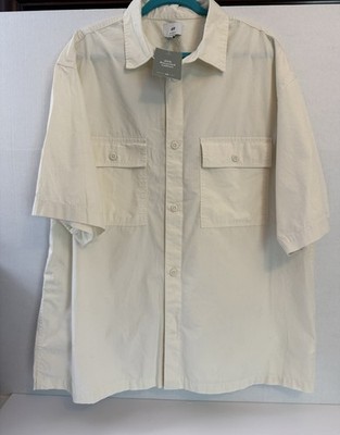 H&M Mens XXL Cream SS button-up utility shirt relaxed fit, 100%cotton NWT