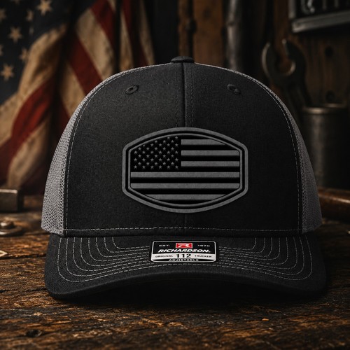 Richardson 112 American Flag Leather Patch Snapback Trucker Hat Black Charcoal