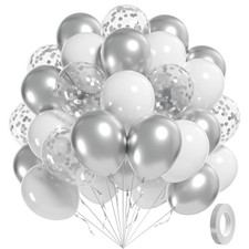 60pcs White Silver Balloons 12inch with Metallic Confetti for Party Decorations