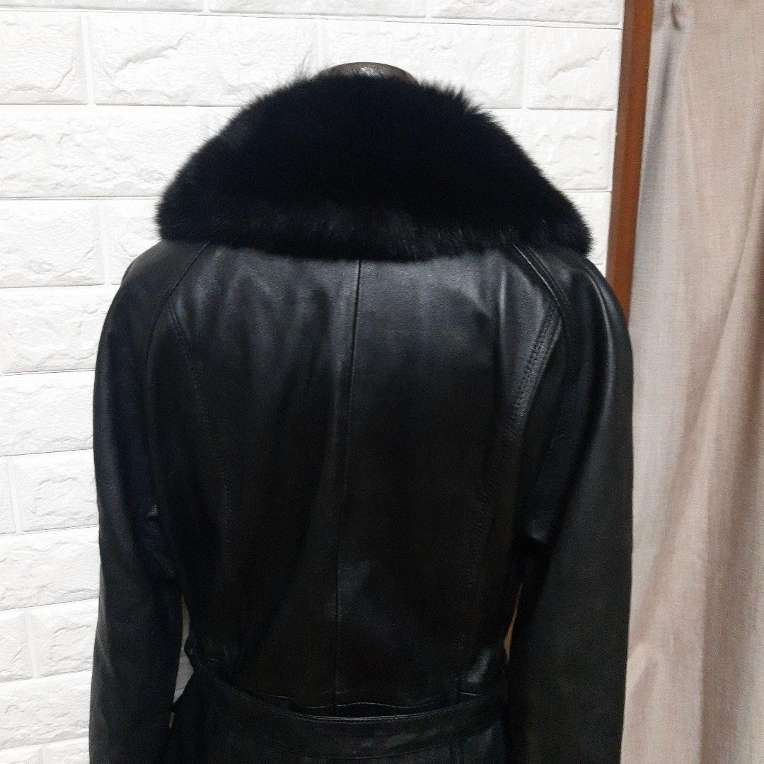 Goat Leather Trench Coat Black Real Fox Fur Collar Long Size 13 From Japan image 10