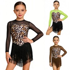 US Kids Sparkly Leopard Print Tassel Dance Dress Skirted Leotard Dress Dancewear