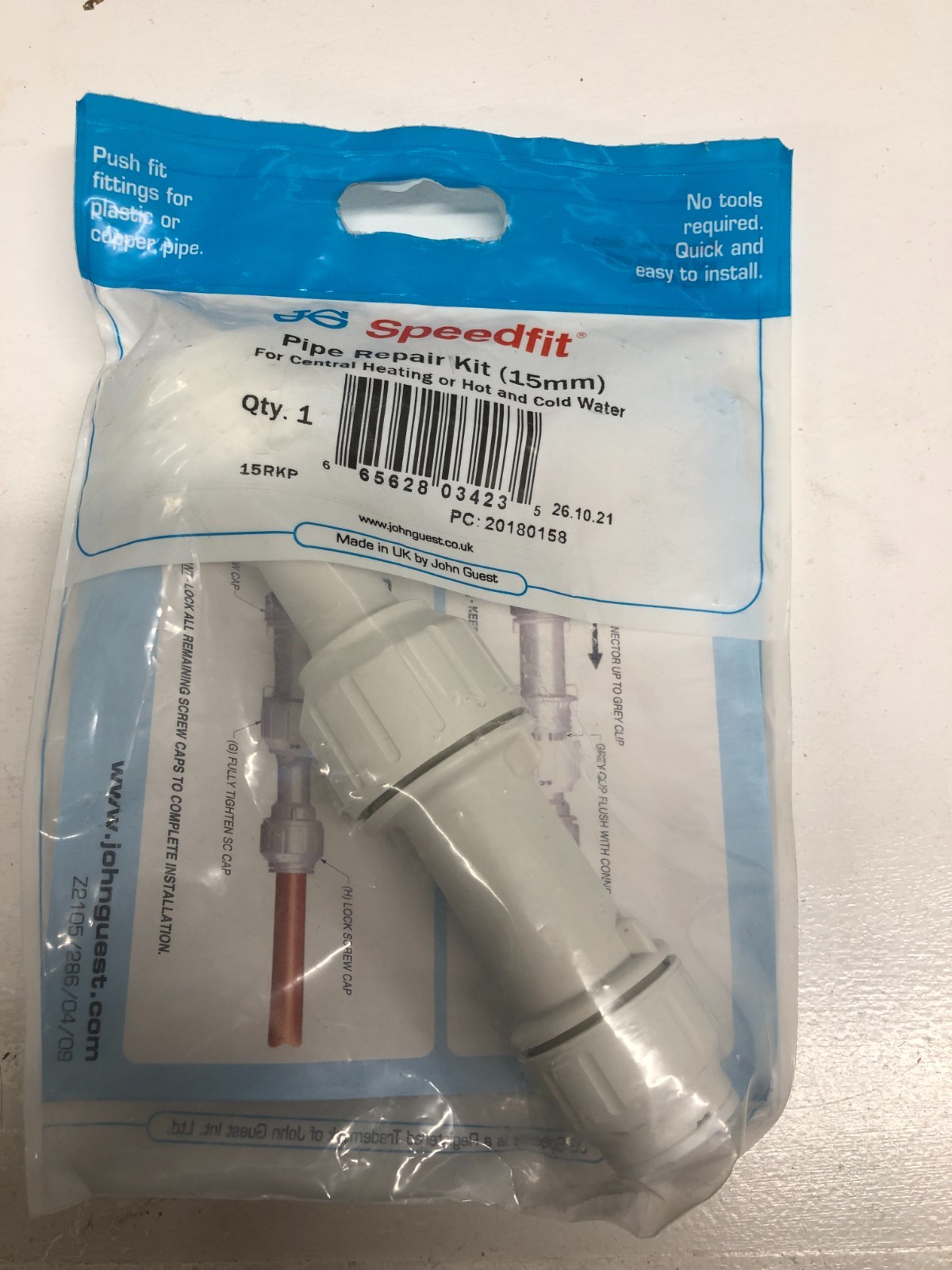 John Guest Speedfit Pipe Repair Kit 15mm - Hot/Cold Water Supply - 15RKP
