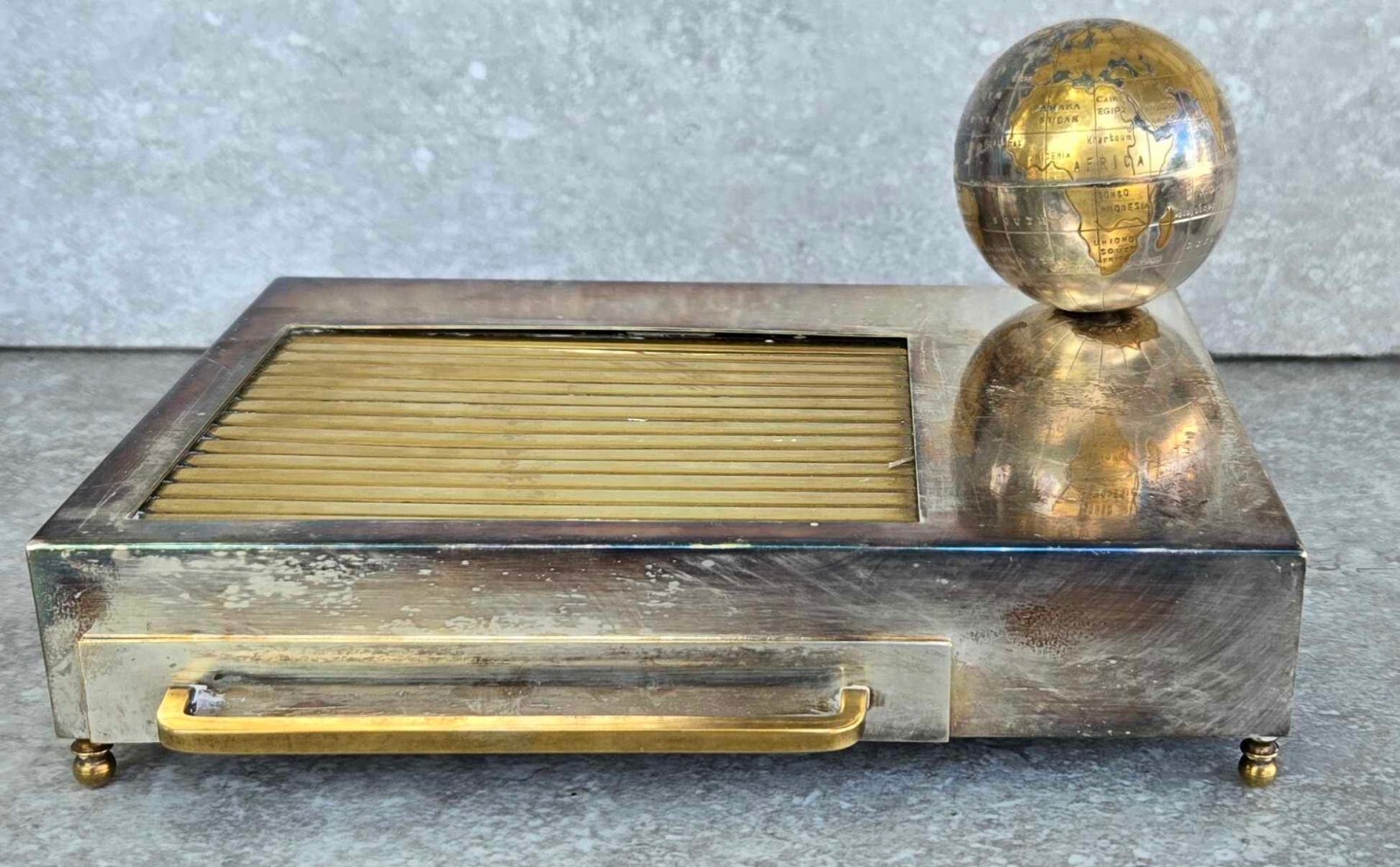 Art Deco Machine Age German Silver Brass Globe Musical Cigarette Dispenser Box