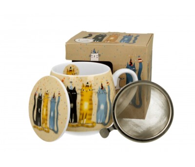 DUO ART GALLERY Fassbecher 430 ml CAT'S WORLD   PARTY mit Teesieb, New Bone C...